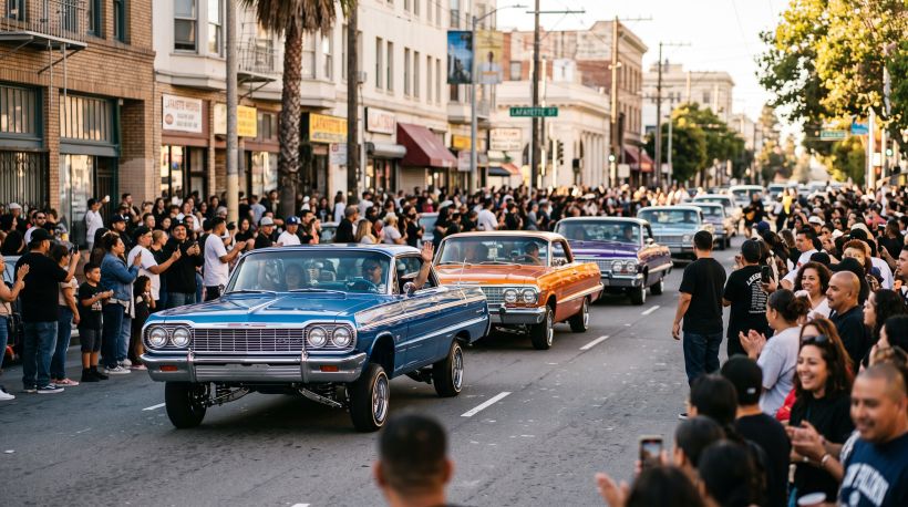 A group of lowriders cruising at a California car event, shot from street level