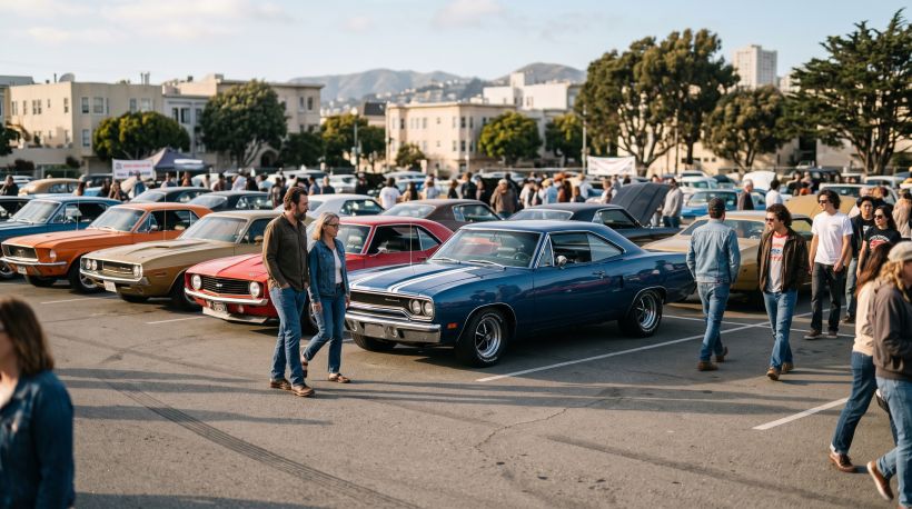 Un clásico muscle car estadounidense de finales de la década de 1970 estacionado en una exposición de autos al aire libre, rodeado de otros vehículos antiguos