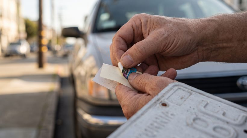 Close-up of a hand peeling a registration sticker away from its backing, about to apply it to a license plate