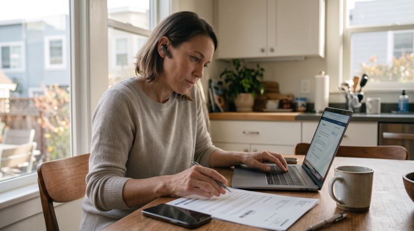 A person at a kitchen table on the phone, looking focused while reviewing a letter and typing something on a laptop open in front of them