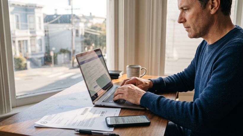 Una persona sentada en un escritorio, escribiendo en una computadora portátil con expresión de concentración