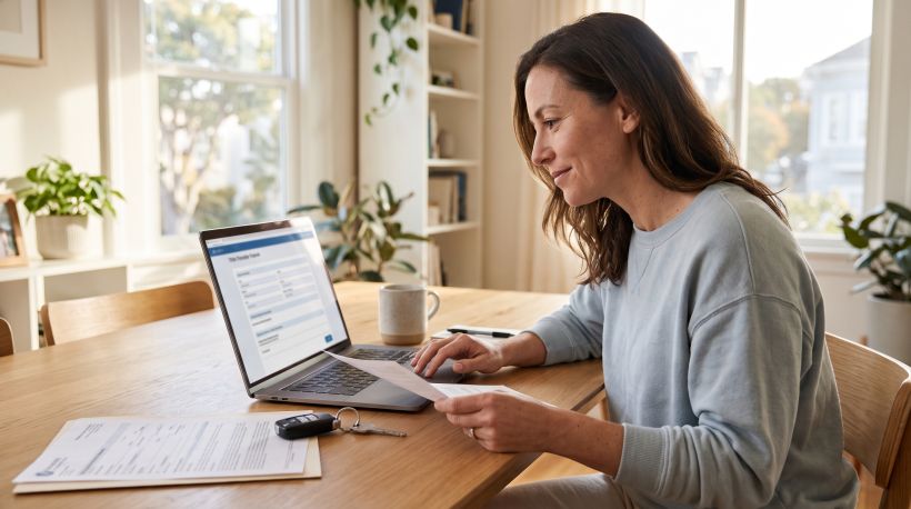 A person at a laptop at home, reviewing what appears to be title transfer documentation after returning from a dealership