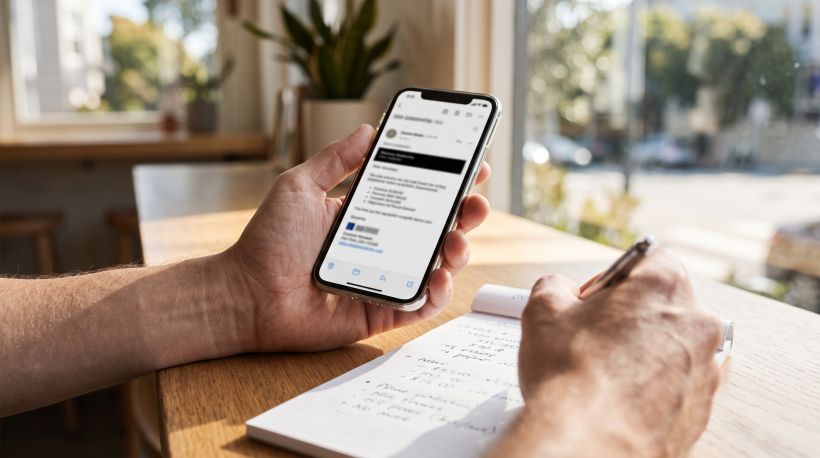 Un primer plano de la mano de una persona que sostiene un tel&eacute;fono inteligente en el que se ve lo que parece ser un correo electr&oacute;nico del concesionario con informaci&oacute;n sobre precios