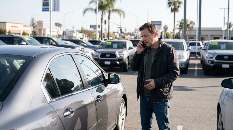 Una persona de pie junto a un auto usado en el estacionamiento de un concesionario, hablando por tel&eacute;fono mientras observa el auto de cerca