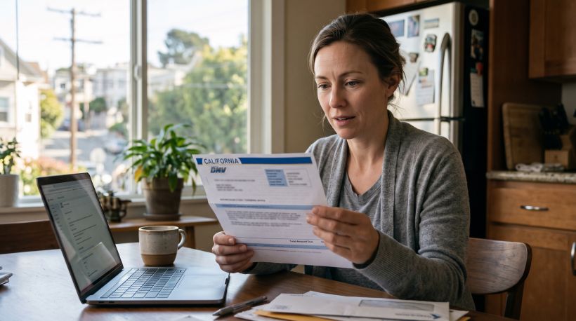 A person sitting at a kitchen table, holding a California DMV renewal notice with a slightly surprised expression, looking at the total amount