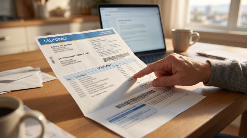 Close-up of a DMV renewal notice spread flat on a desk