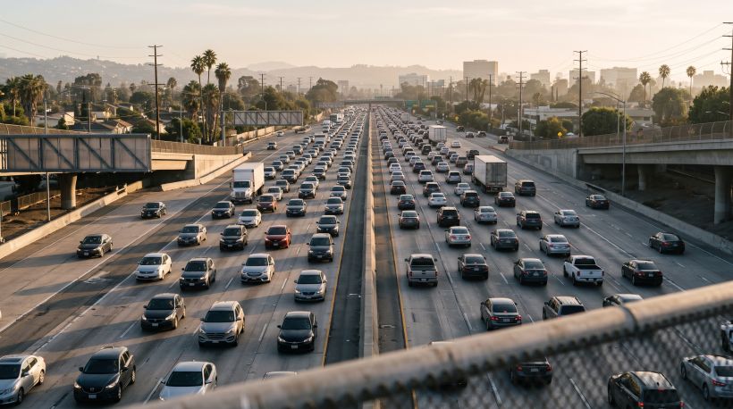 An aerial view of a California freeway with heavy traffic, taken from a highway overpass