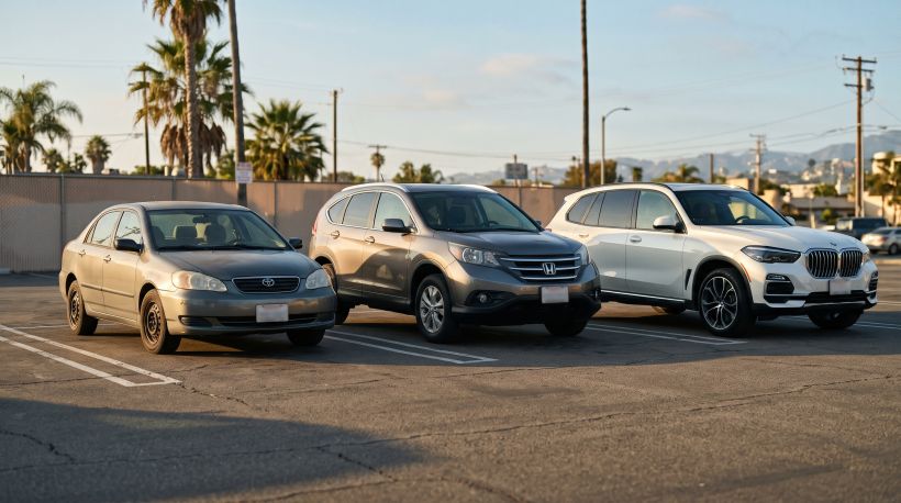 Three different cars parked side by side in a California parking lot