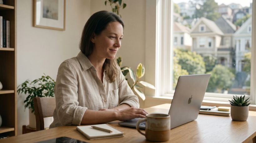A person at a laptop, looking at a clearly organized screen before completing an online transaction