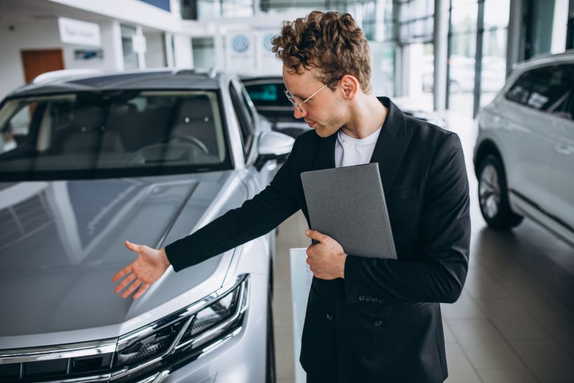 Salesman at a car showroom.