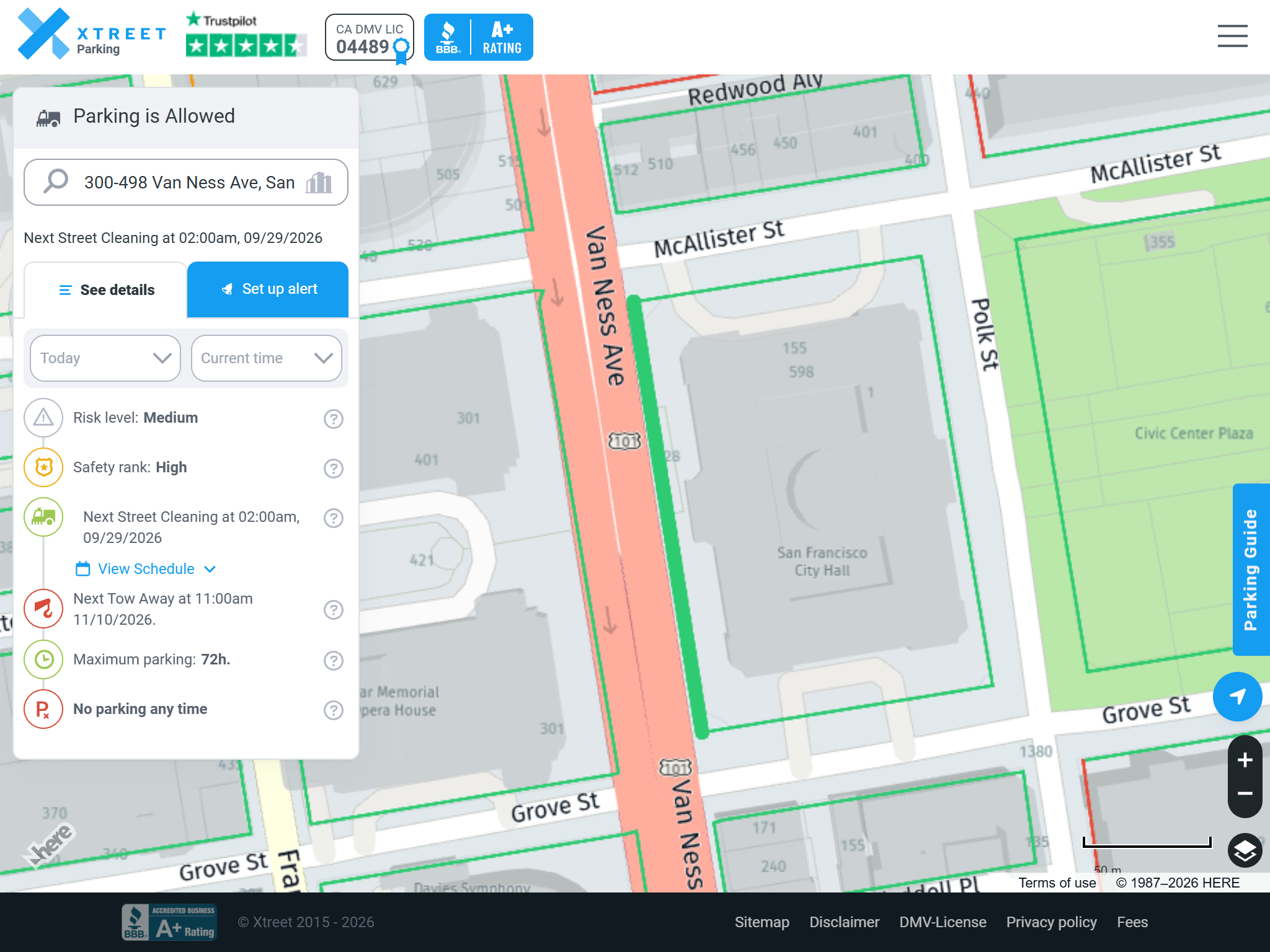 Xtreet parking map showing street-cleaning and parking rules on Van Ness Ave